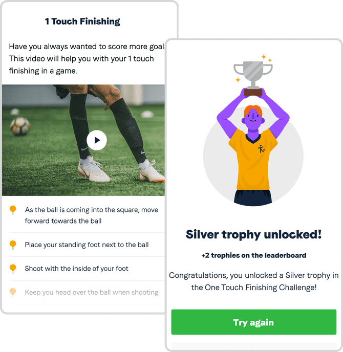 Mobile app view of football skill and unlocked trophy.